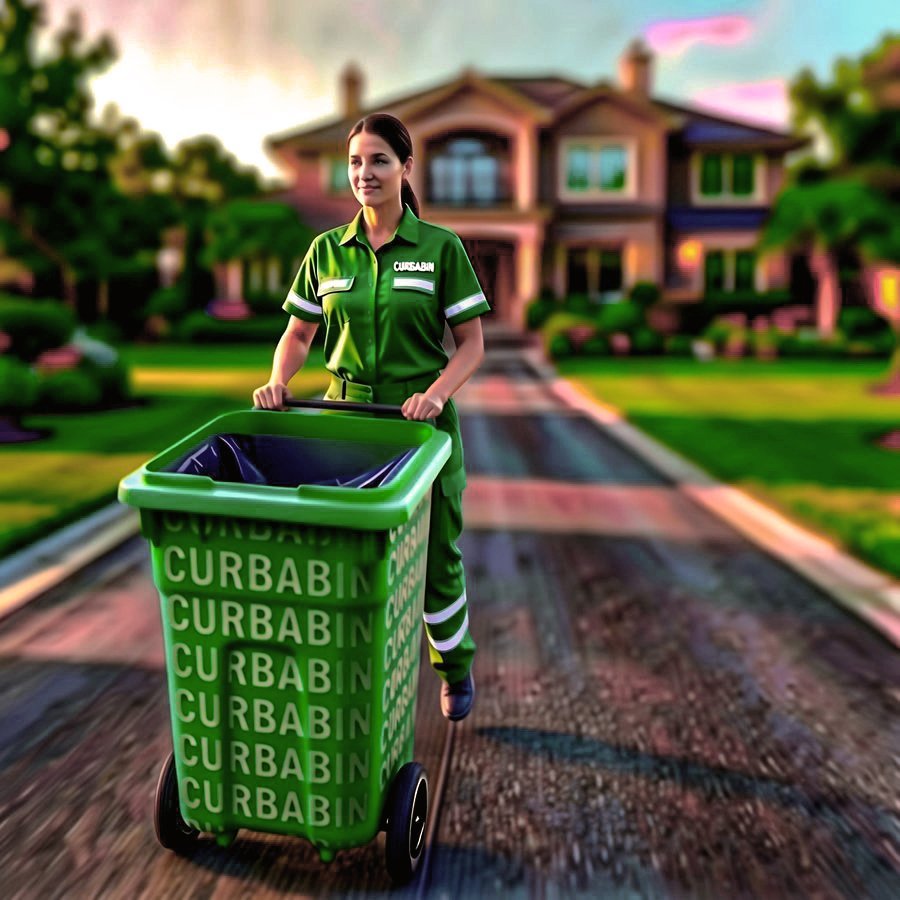Curbabin curb companion rolling a branded bin down a driveway